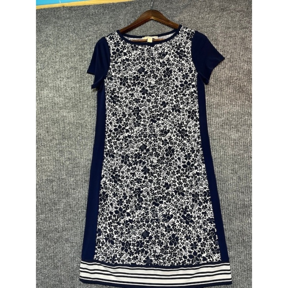 Michael Kors Navy White Floral Striped Hem Sheath Dress Women Small Short Sleeve